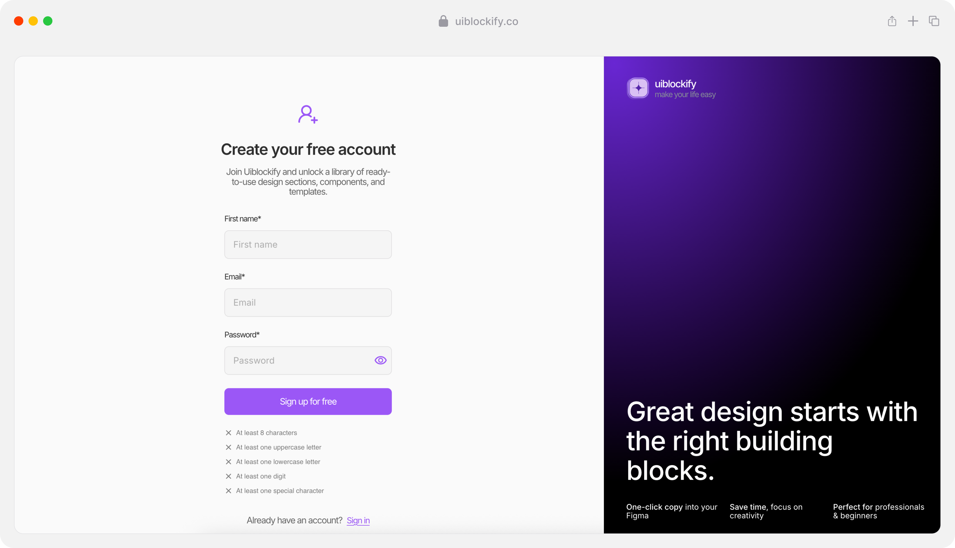 Sign up page / uiblockify.co figma landing license page log in page log out saas sign up page uiblockify web site page