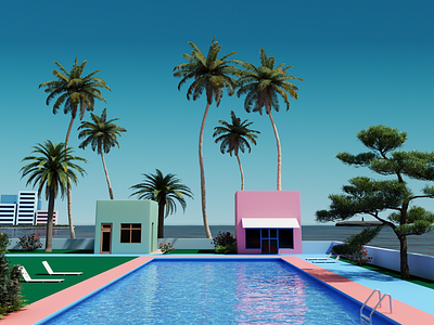 3D Visuals of a Retro Futuristic Resort 3d 3d illustration 3d program 3d render 3d trends beach blender cinema4d city futuristic maya modern modern 3d pastel pastel colors pool render resort retro social media