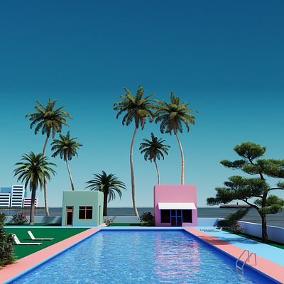 3D Visuals of a Retro Futuristic Resort 3d 3d illustration 3d program 3d render 3d trends beach blender cinema4d city futuristic maya modern modern 3d pastel pastel colors pool render resort retro social media