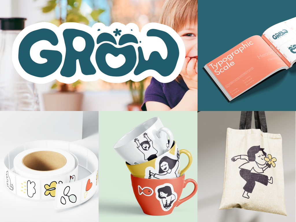 Grow – Branding for a Kids Wellness & Care Center brand brand identity branding branding kit care child design graphic design grow illustration kids logo logo design sticker t shirt design wellness