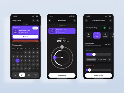 Medicine reminder mobile app - Digital health platform b2b saas calendar dark theme ui digital health platform health track healthcare app medicine reminder mobile application mobile interface mobile ui modern mobile app modern ui pills reminder time and date setting time reminder uiux