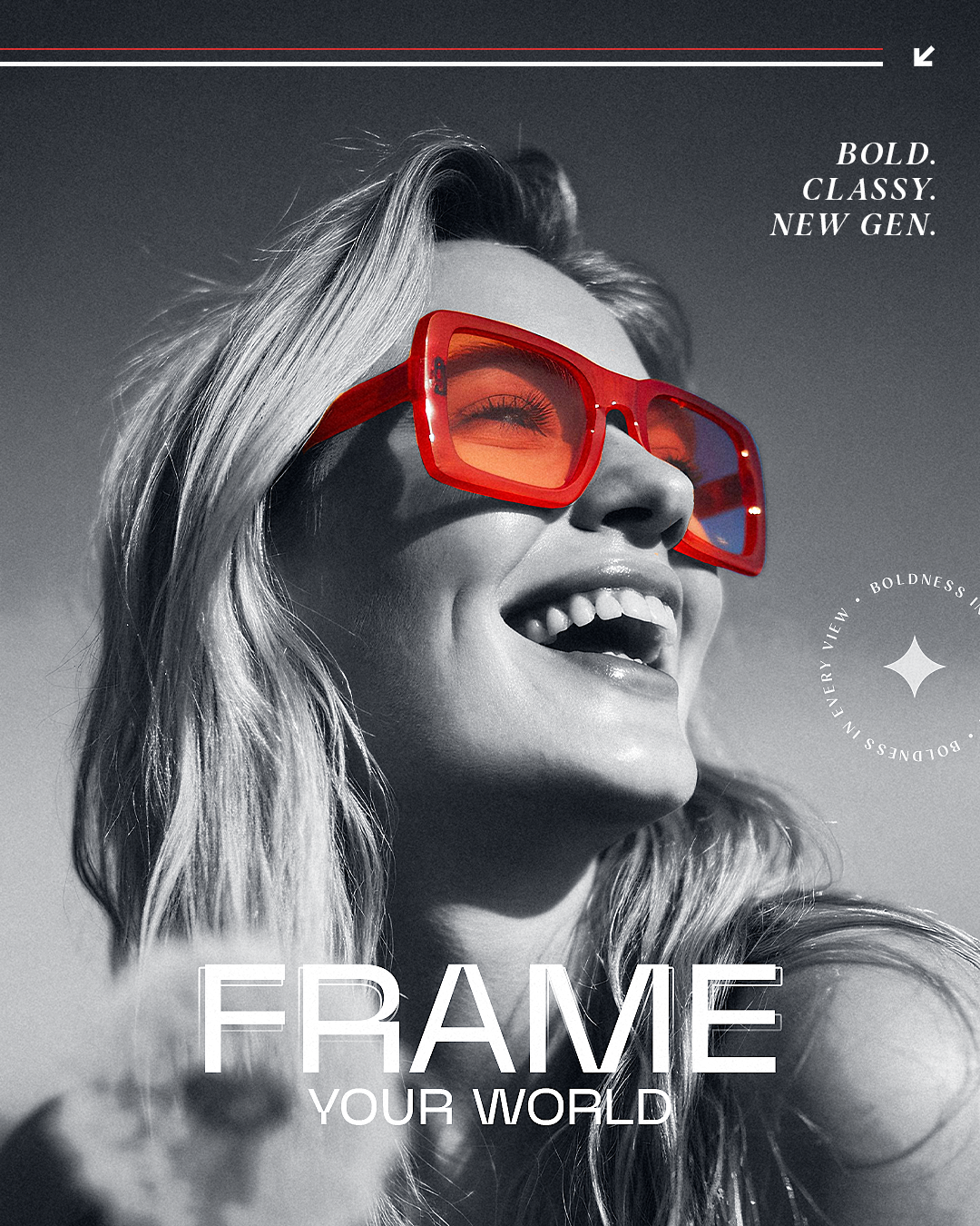 Modern Eyewear Ad Concept bold colors brand visual branding concept color pop effect creative ad dribbble inspiration editorial design eyewear design fashion ad campaign fashion branding fashion photography graphic design luxury brand minimal ad modern typography monochrome pop poster design product advertisement red accent sunglasses ad