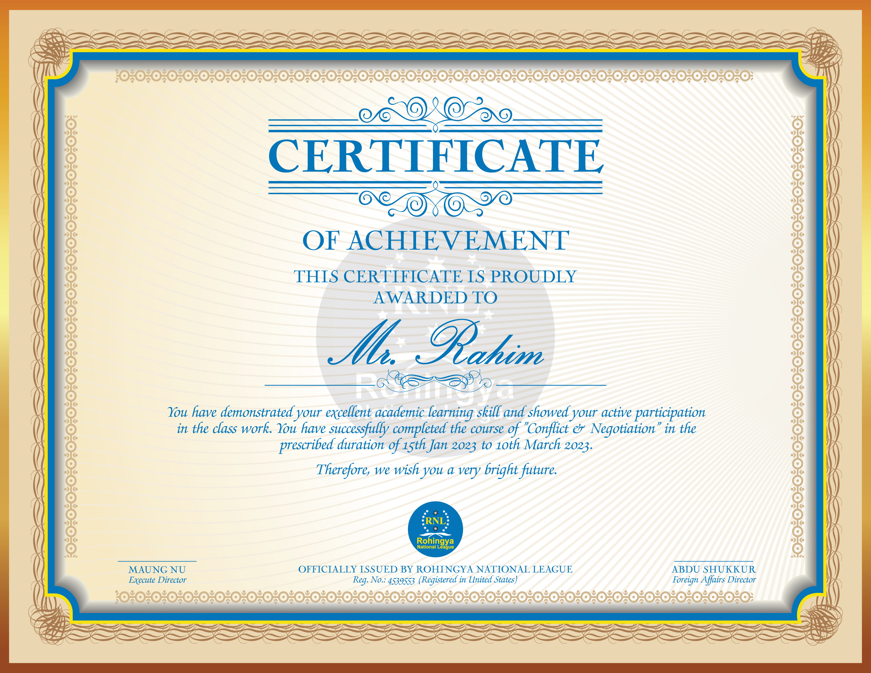 Rohingya National League - Certificate Design humanitarian design