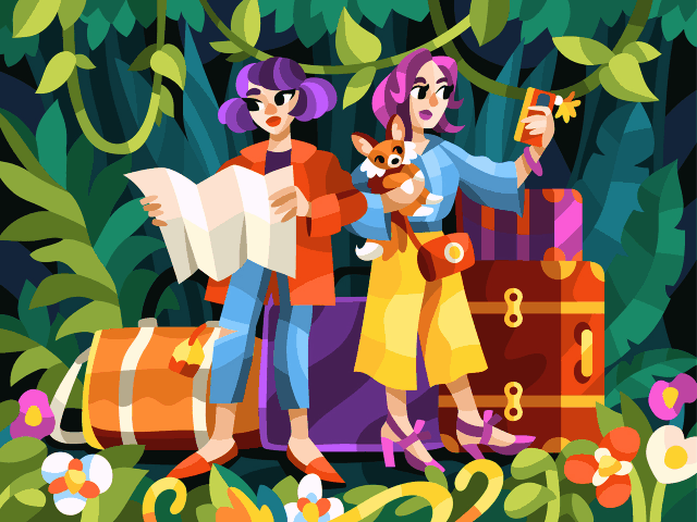 Lost in the jungles chatacters colorful flat game gif girls illustration jungle sketch travel vector