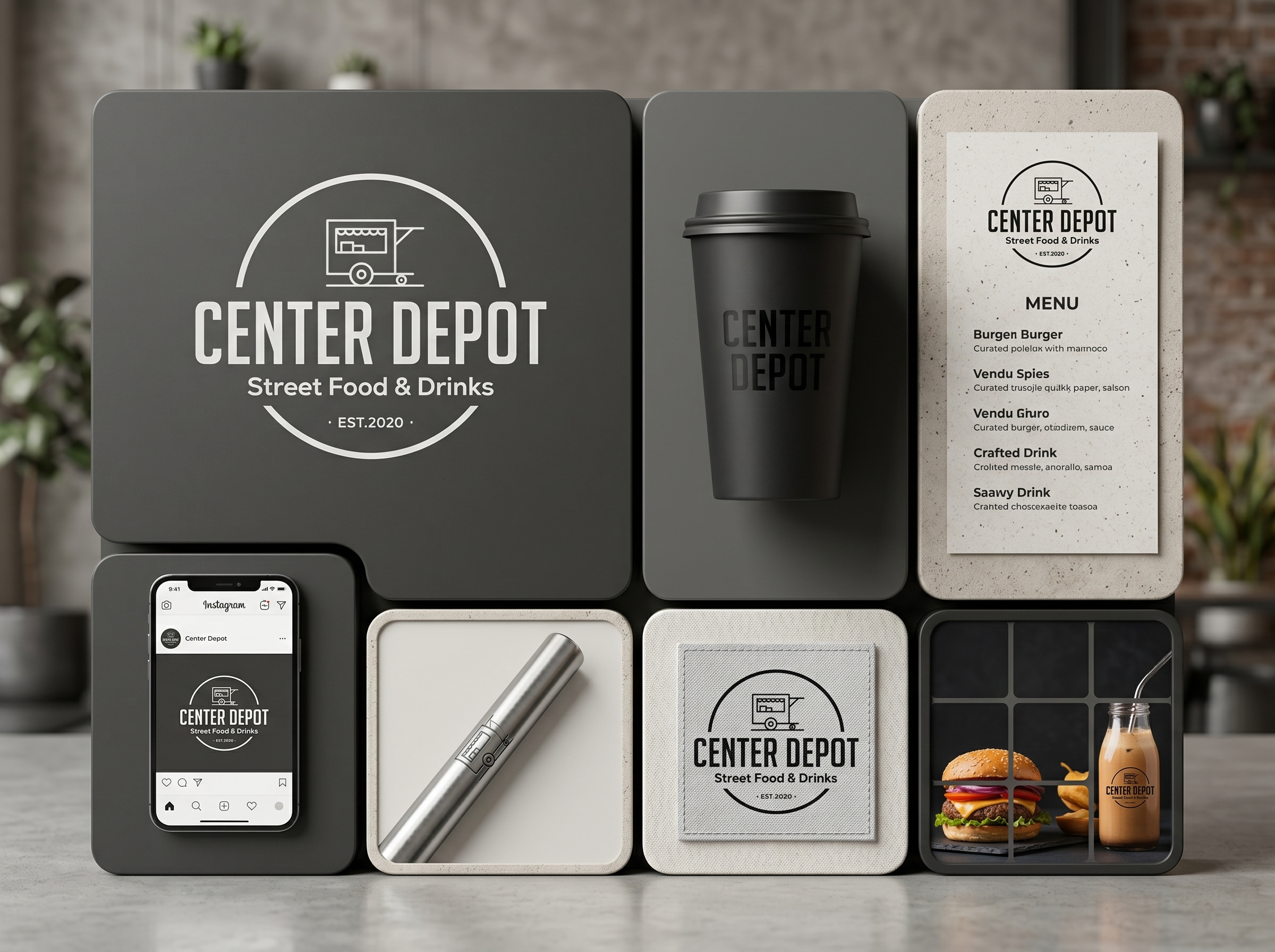 CENTER DEPOT | Urban Street Food & Drinks Branding badge logo branding coffee cup food drink food truck hospitality identity industrial logo design matte black menu design minimalist modern packaging restaurant branding startup street food typography urban visual identity
