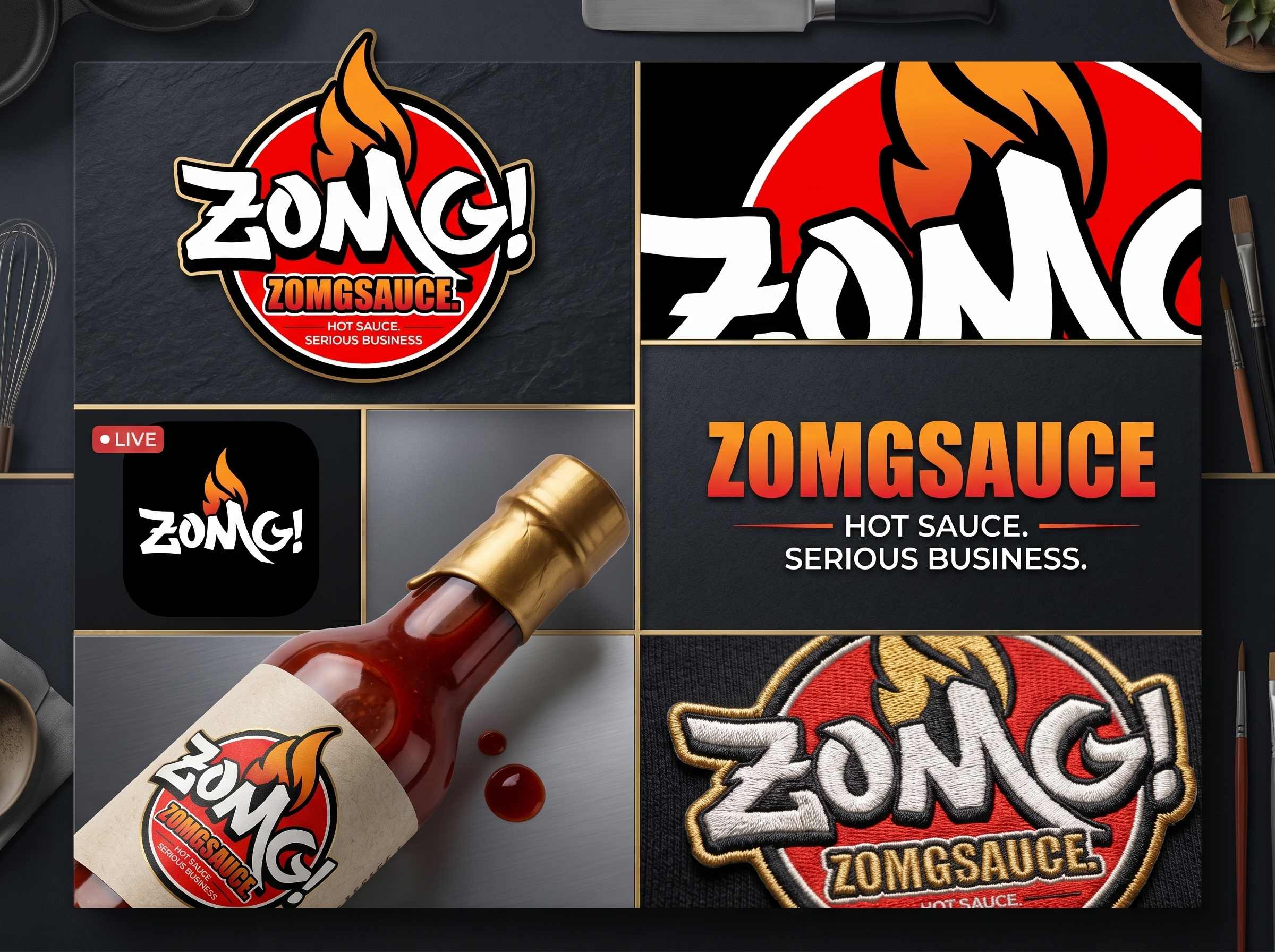 ZOMG! Sauce | Premium Brand Presentation apparel bold design brand grid branding business cards digital presence flame logo food branding graphic design hot sauce identity system logo design menu design merch mockup packaging primary mark stationery typography visual identity