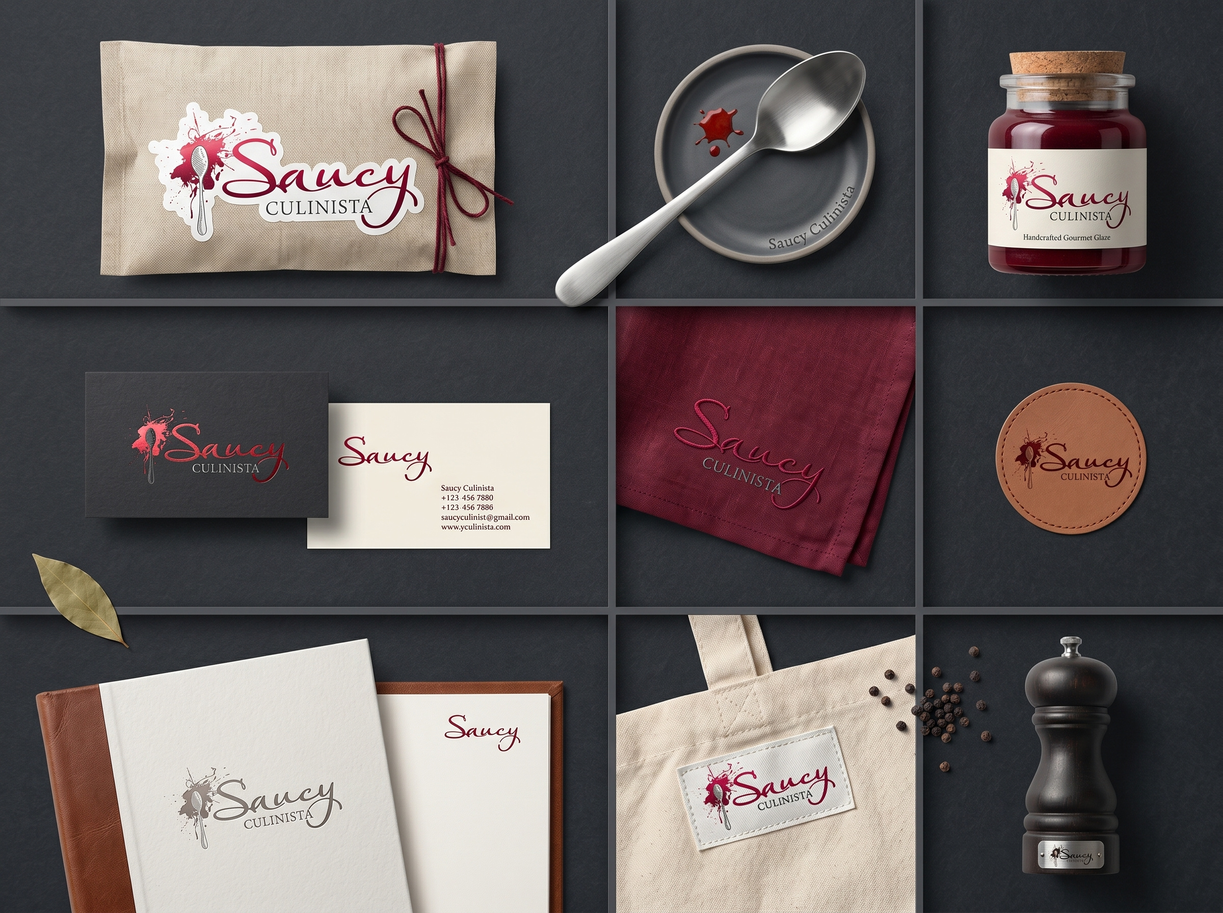 Saucy Culinista | Gourmet Culinary Branding & Identity artisanal packaging bento grid brand touchpoints catering branding chef logo creative layout culinary branding embroidered logo food and drink food packaging gourmet logo kitchenware identity lifestyle branding luxury food branding menu design minimalist business cards restaurant identity sauce splatter logo script typography visual identity