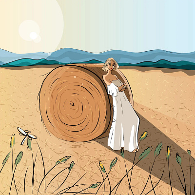 Golden Hour Serenity – Woman by the Haystack illustration