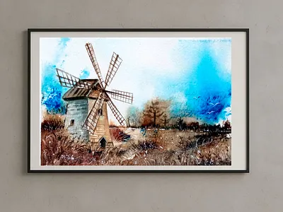 Original Abstract Landscape Watercolor, Windmill – mini Vintage art hand painted handmade illustration landscape paint painting retro ukraine