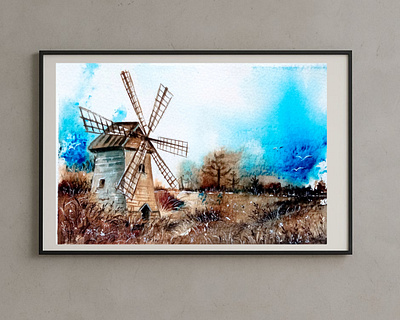 Original Abstract Landscape Watercolor, Windmill – mini Vintage art hand painted handmade illustration landscape paint painting retro ukraine