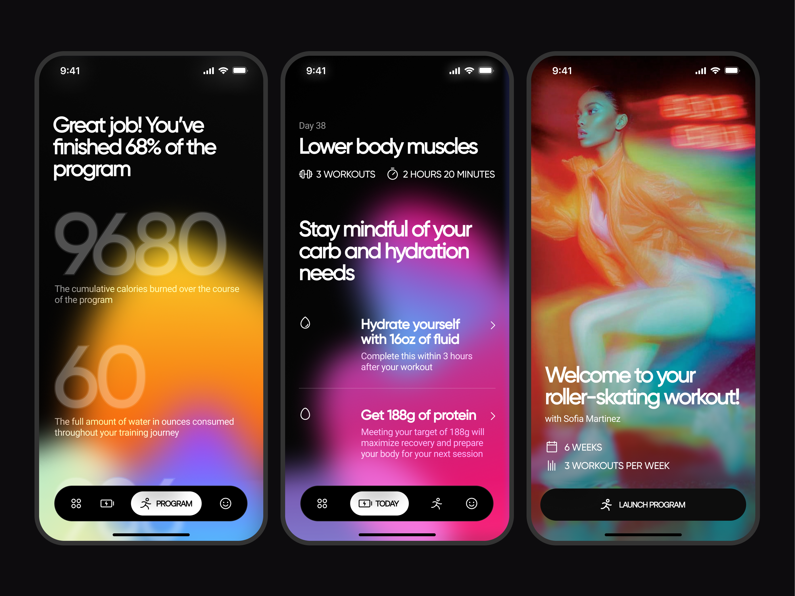 Workout & Fitness Tracking App android coach dark design fitness gym gym app ios mobile mobile app mobile ui neon design personal trainer product design sport app training ui ux visual design webflow workout