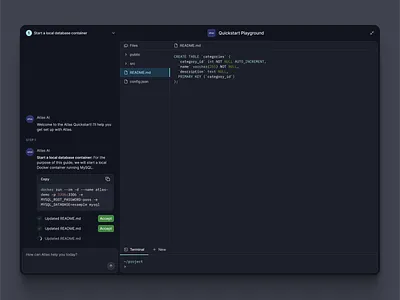 AI Coding Assistant as assistant clean code playground dark theme dashboard developer ui devtools docker setup figma ui flat minimal onboarding flow readme editor saas shadcn shadcnui tailwind terminal view ui ux