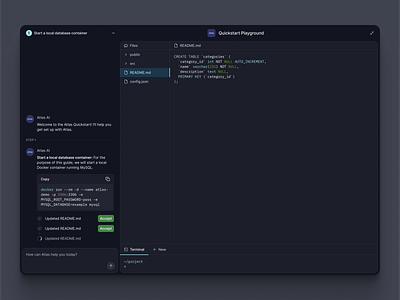 AI Coding Assistant as assistant clean code playground dark theme dashboard developer ui devtools docker setup figma ui flat minimal onboarding flow readme editor saas shadcn shadcnui tailwind terminal view ui ux