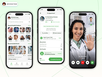 Telemedicine App UI – Doctor Booking & Video Consultation app concept appointment booking clean ui doctor booking figma health app healthcare healthtech medical app medical ui minimal design mobile app design mobile ui online doctor product design telemedicine ui design user interface ux design video consultation
