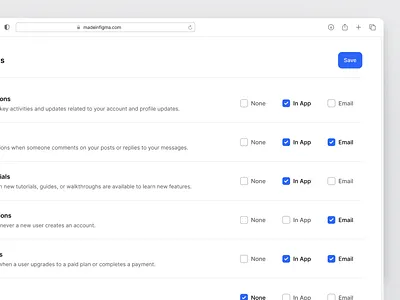 Notification Settings - Designed with MadeinFigma design design system figma made in figma madeinfigma notification settings notifications settings ui ui design ui designer ui kit ux ux design web design webapp website design