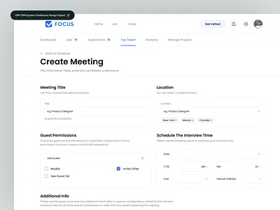 Job Hiring Admin Panel - Create Meeting With Job Seekers admin calendar conference create meeting dashboard design dashboard event erp event management event management dashboard event management solution job application meeting new event product design saas design saas product schedule scheduled meeting web design