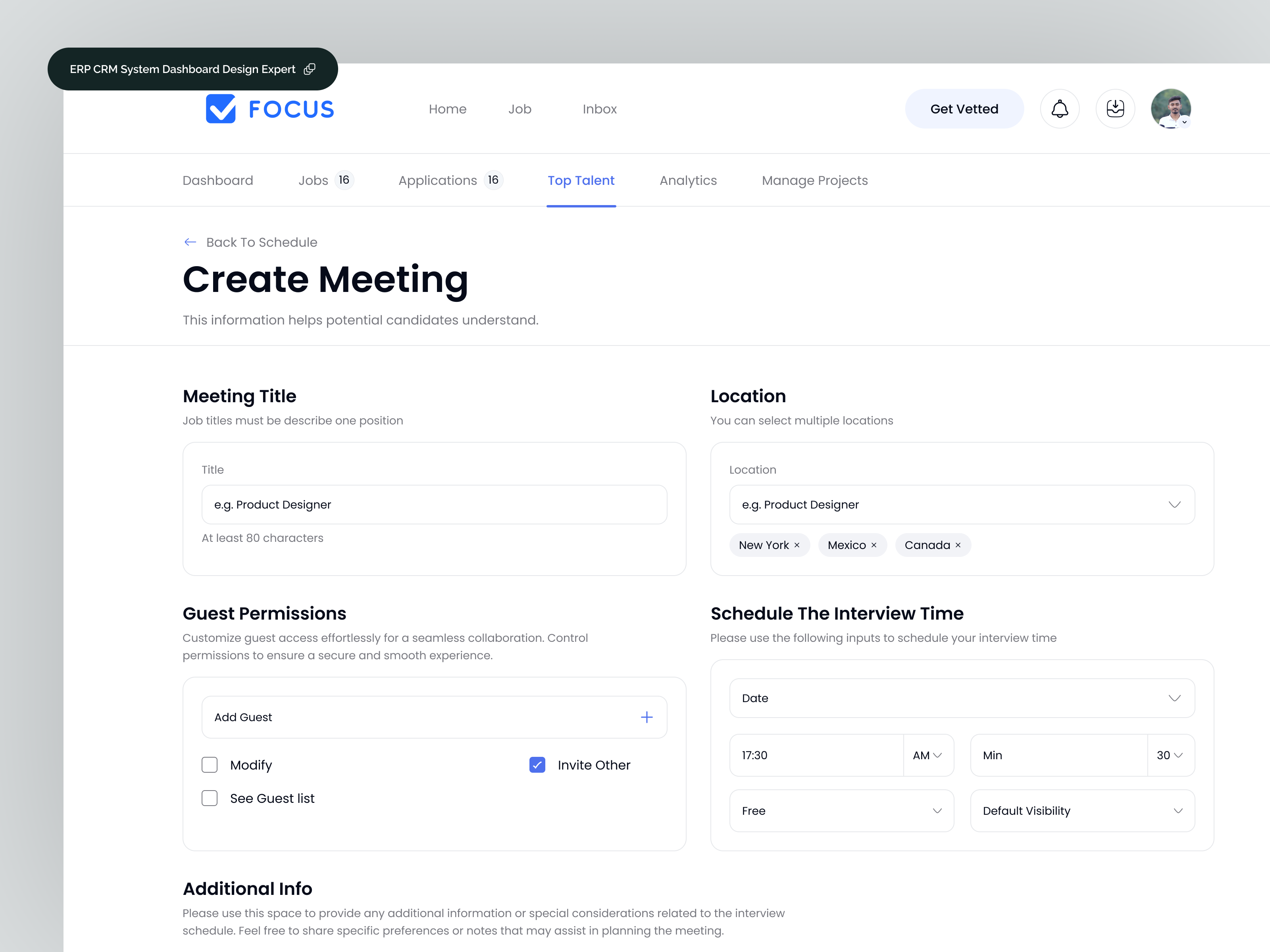 Example of Job Hiring Admin Panel - Create Meeting With Job Seekers