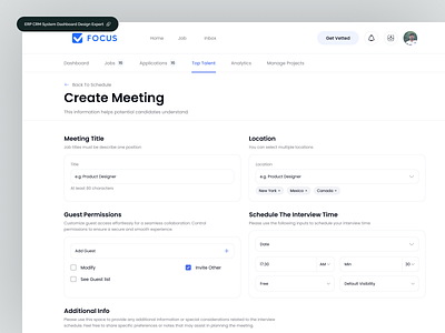 Job Hiring Admin Panel - Create Meeting With Job Seekers admin calendar conference create meeting dashboard design dashboard event erp event management event management dashboard event management solution job application meeting new event product design saas design saas product schedule scheduled meeting web design