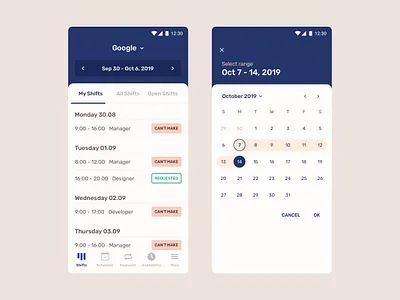 Schedule Shifts UI android calendar calendar ui calendar ux mobile app mobile design planner planner ui planner ux planning schedule scheduling shift shifts ui ux weekly weekly planning