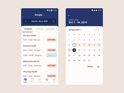 Schedule Shifts UI android calendar calendar ui calendar ux mobile app mobile design planner planner ui planner ux planning schedule scheduling shift shifts ui ux weekly weekly planning