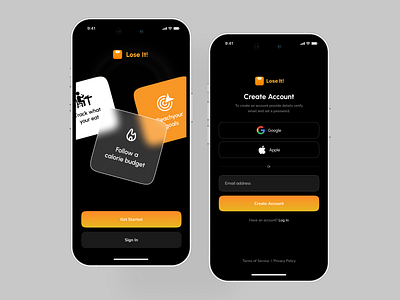 Onboarding & Signup Screen - Lose It Mobile App android app designer app app design health health care ios login page login screen minimal mobile applications design mobile dark mobile sign up onboarding onboarding ui signup splashscreen tracker ui uiux welcome screen