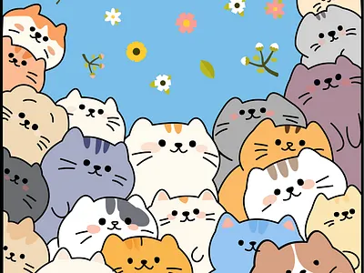 Cute Cats Patterns - Colorful Kittens Illustration adorable aesthetic blue cats colorful cute digital art drawing flowers gifts graphic design illustration kittens minimalist patterns design retro simple stickers trending vintage