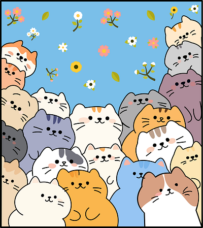Cute Cats Patterns - Colorful Kittens Illustration adorable aesthetic blue cats colorful cute digital art drawing flowers gifts graphic design illustration kittens minimalist patterns design retro simple stickers trending vintage