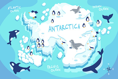 Polar Circle - Antartica Map antartica faceless flat illustration orca penguin polar polar circle seals vector whale