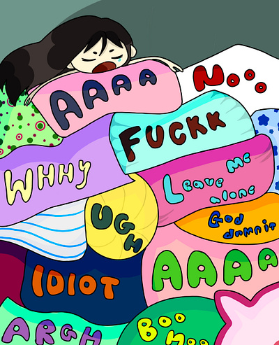 pillows of emotion boldfonts cartoon cartoonillustration chibistyle colourful illustraion