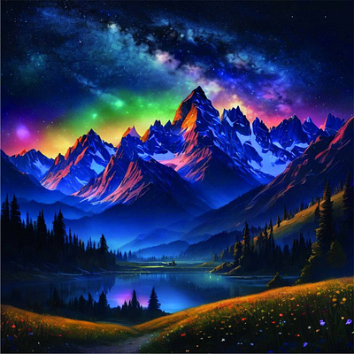 Northern Lights in the Mountains – Magical Night Landscape Illus nature watercolor