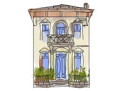 House Architecture Sketch with Watercolor – Elegant Building Ill digital illustration