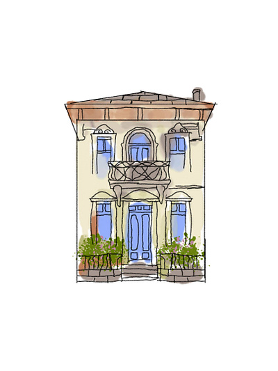 House Architecture Sketch with Watercolor – Elegant Building Ill digital illustration