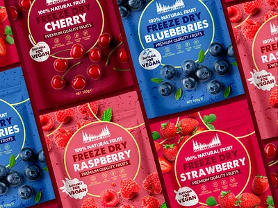 FREEZE DRIED FRUITS PACKAGING DESIGN blueberry branding cherry creative design food freeze dried fruits fruits graphic graphic design label design labeldesign logo packaging raspberry snacks strawberry