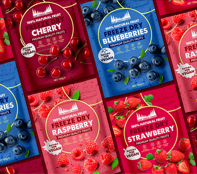 FREEZE DRIED FRUITS PACKAGING DESIGN blueberry branding cherry creative design food freeze dried fruits fruits graphic graphic design label design labeldesign logo packaging raspberry snacks strawberry
