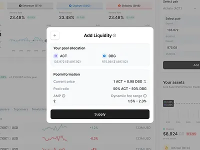 DeFi Web App: Add Liquidity Pool Summary blockchain crypto dashboard defi dex fintech liquidity liquiditypool modal pop up product design saas svsfv token trading ui component uiux web app web3 webapp