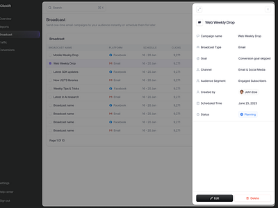 Marketing Dashboard Web App: Campaign Detail View b2b broadcast campaign companu dashboard emailcampaign marketing overview platform pop up product design saas sheet table ui component uiux uxdesign web app web app dashboard webapp