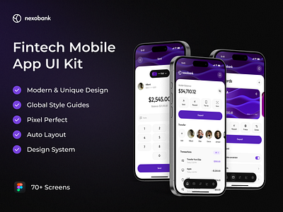 Nexobank - Fintech Mobile App UI Kit 💜 app auto layout banking app ui branding design figma finance mobile app fintech mobile app mobile app money tracking app ui uiux ux wallet app design