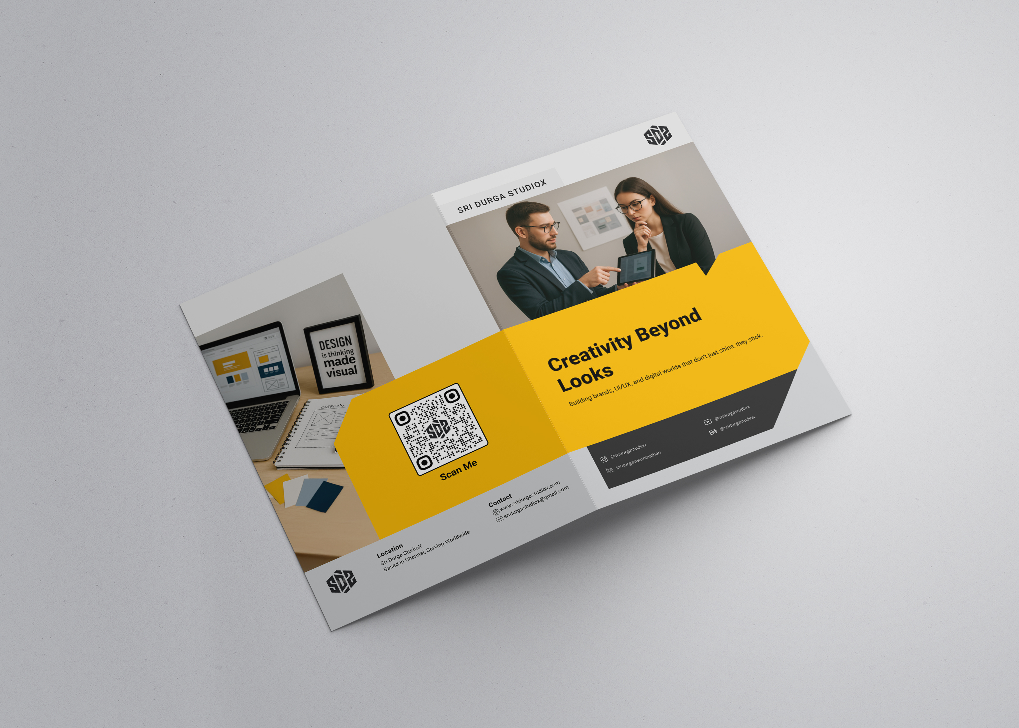 Sri Durga StudioX creative services brochure showcasing bold branding, UI/UX design, and AI powered storytelling