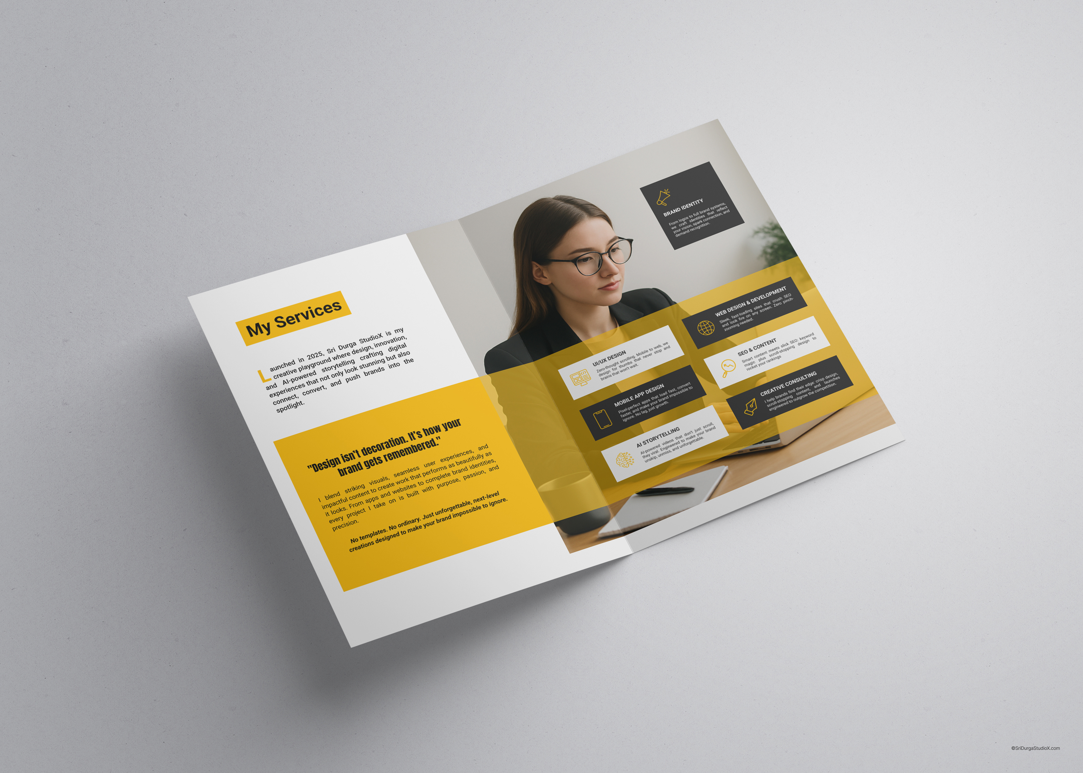 Sri Durga StudioX brochure layout featuring service categories and creative branding visuals