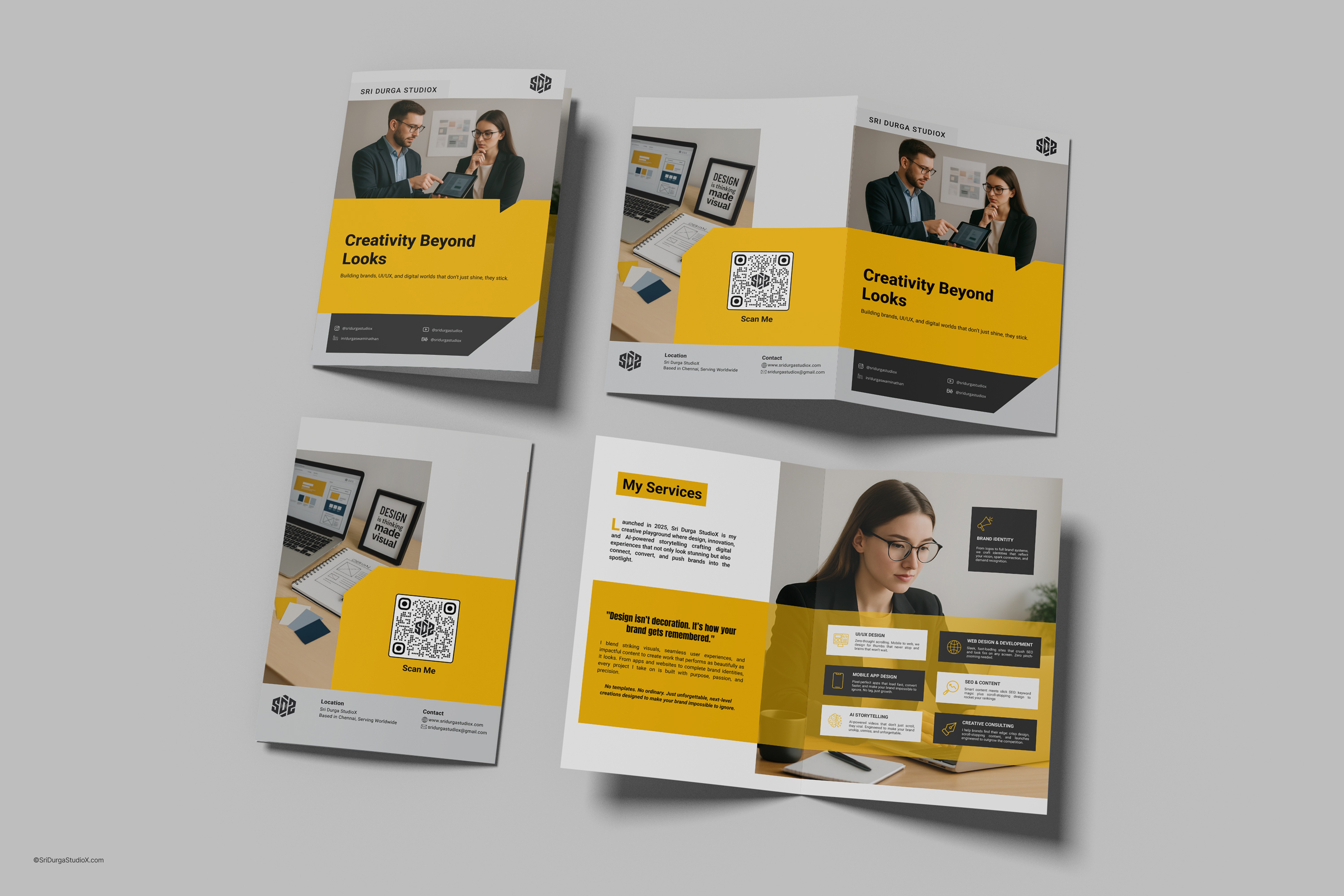Sri Durga StudioX brochure showcasing creative service icons and visual identity elements