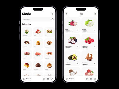 Khabi — UI/UX Design for Grocery E-commerce Mobile App app app interface ecommerce app design ecommerce mobile app ecommerce ui figma design food ecommerce grocery app grocery delivery app grocery ecommerce grocery marketplace grocery shopping app grocery store app mobile app online grocery product design product listing ui uiux design waxyweb
