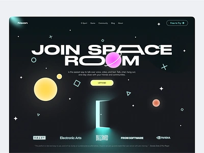 Neon - Game Community Hero community dark design digital discuss game graphic design hero illustration landing page layout media neon pc platform playstation social space ui website