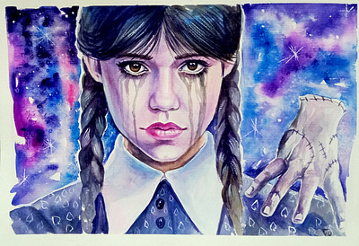 Wednesday Addams Jenna Ortega Fan Art – Watercolor Portrait, addams art fanart hand painted handmade illustration ortega paint painting wednesday