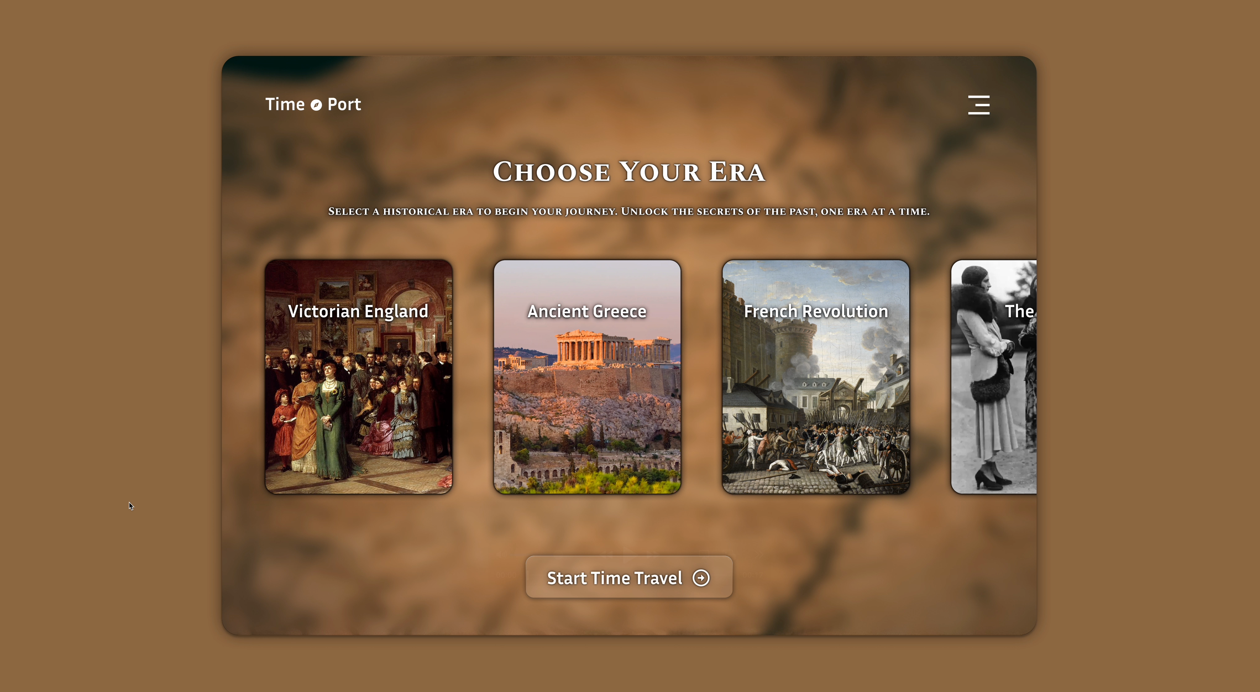 Time Travel App app concept concept creative ui figma figma design historical history product design ui ui design ux visual design