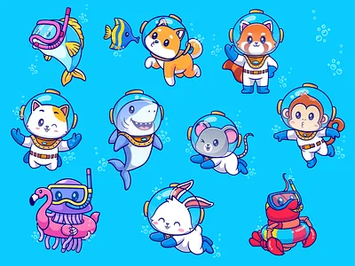 Animals Diver🦊🐵🐱🌊 animals crab cute diver diver suit diving fish helmet icon illustration logo monkey mouse ocean pet red panda sea shark swimming zoo