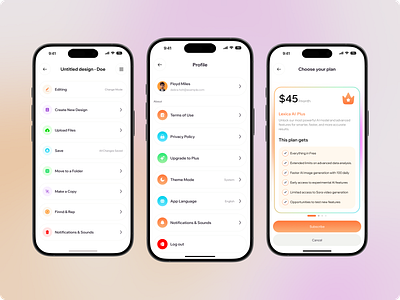 Lexica – AI Mobile App – Setting, Profile & Pricing Screen ai ai app ai app pricing ai chatbot ai mobile app app app design artifical intelligence mobile app pricing pricing page profile profile page setting setting page