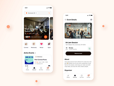 Commie-Events for community community events mobile ui orange socail media