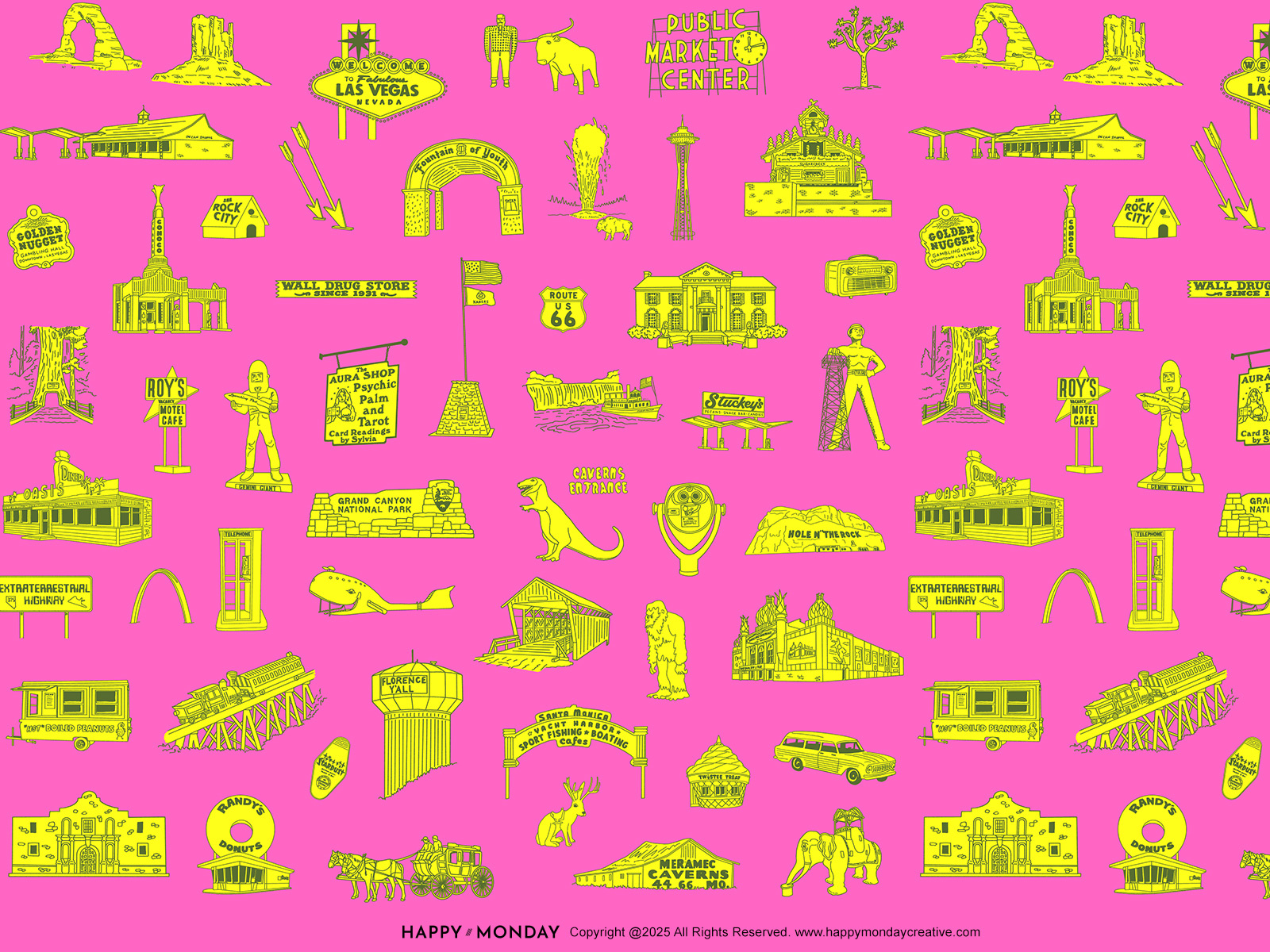 Retro 1970s Roadtrip Surface Pattern – Vintage Americana Toile 1970s design americana americana illustration badge destination illustration handdrawn icon design pattern illustration repeat pattern retro illustration roadtrip surface pattern design textile design toile pattern travel illustration vintage americana vintage illustration wallpaper wallpaper design