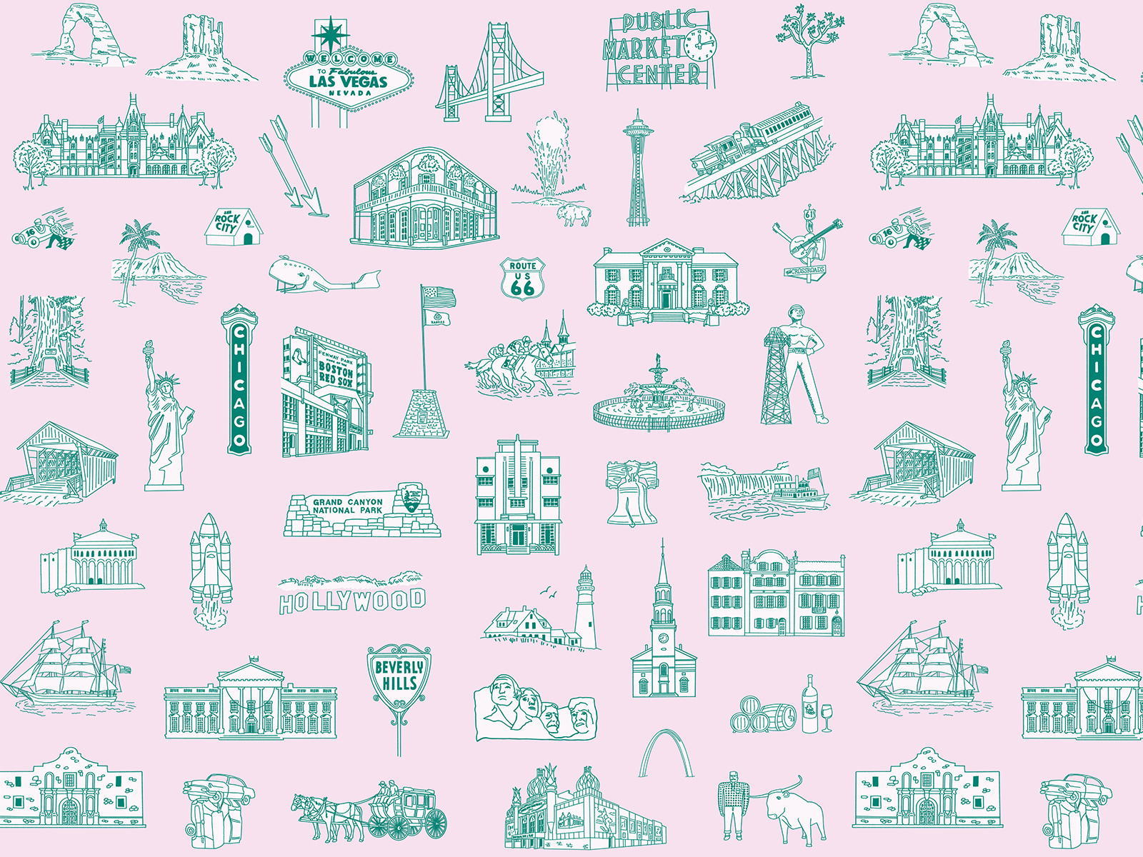 Landmark Destinations Pattern Series — Illustrated U.S. Icons americana architectural illustration badge city illustration destination illustration handdrawn icon design illustrated pattern illustration landmark illustration pattern illustration repeat pattern retro surface pattern design toile toile pattern travel illustration vintage vintage illustration wallpaper