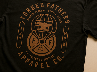 Forged Fathers Lockup apparel branding clothing fathers fitness globe gold gym illustration tshirt type weights world
